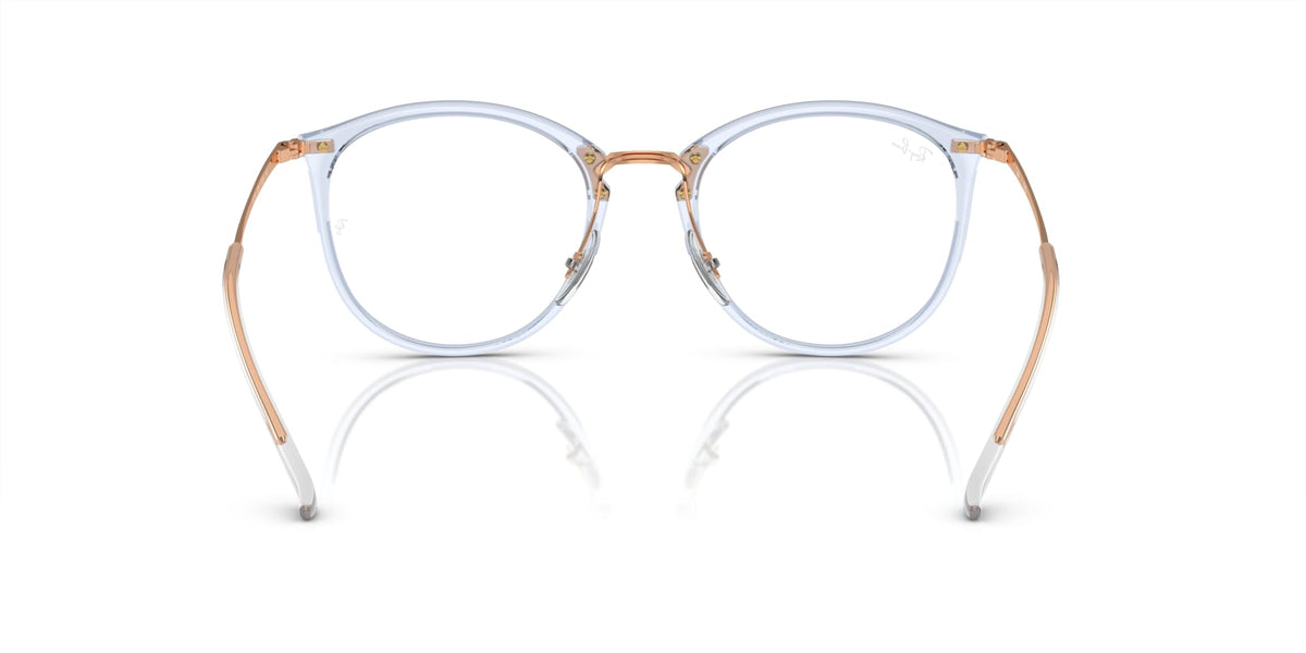 Ray-Ban prescription eyewear frames, round light-blue front with amber temple tips