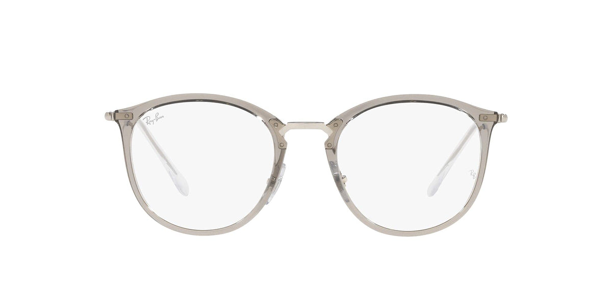 Round light gray eyeglass frames with clear lenses and metal temple details