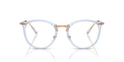 Round full-rim eyeglass frames in light blue with metal temples and demo lenses, front view