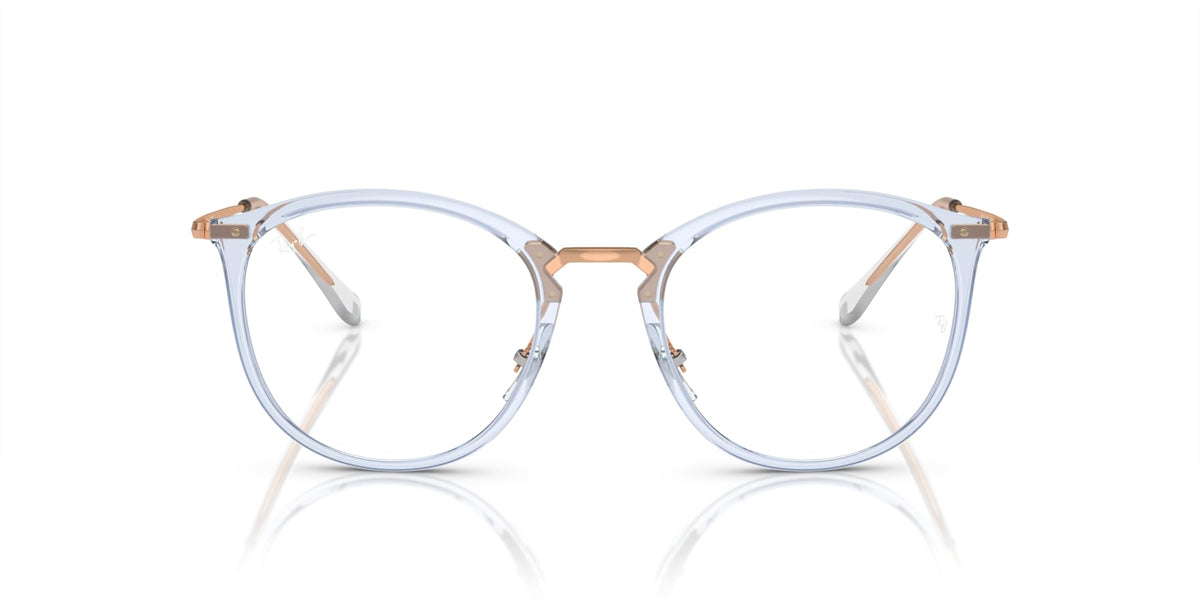 Round full-rim eyeglass frames in light blue with metal temples and demo lenses, front view