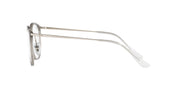 Round clear eyeglass frames with slim metal temples and demo lenses, side profile view