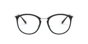 Round dark eyeglass frames with black temples and clear lenses
