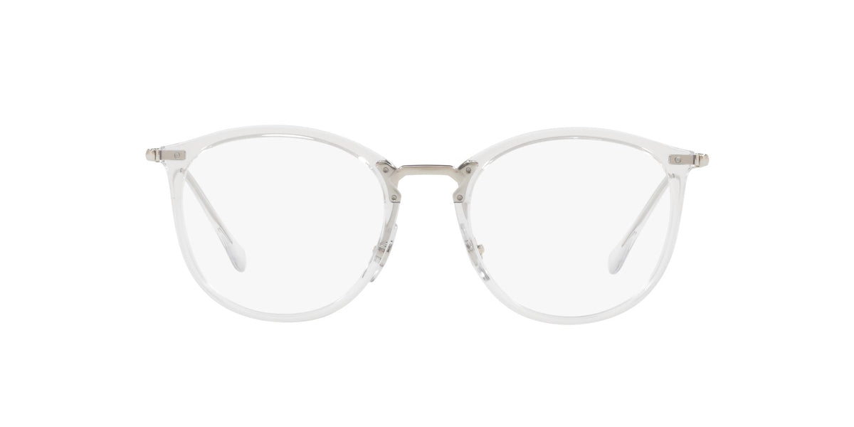 Clear prescription eyewear frames with round lenses and Ray-Ban logo on temple