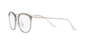 Round transparent eyeglass frames with thin metal temples and demo lenses, front 3/4 view