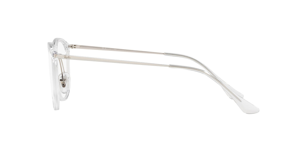 Clear prescription eyewear frames side view with thin metal arms and demo lenses