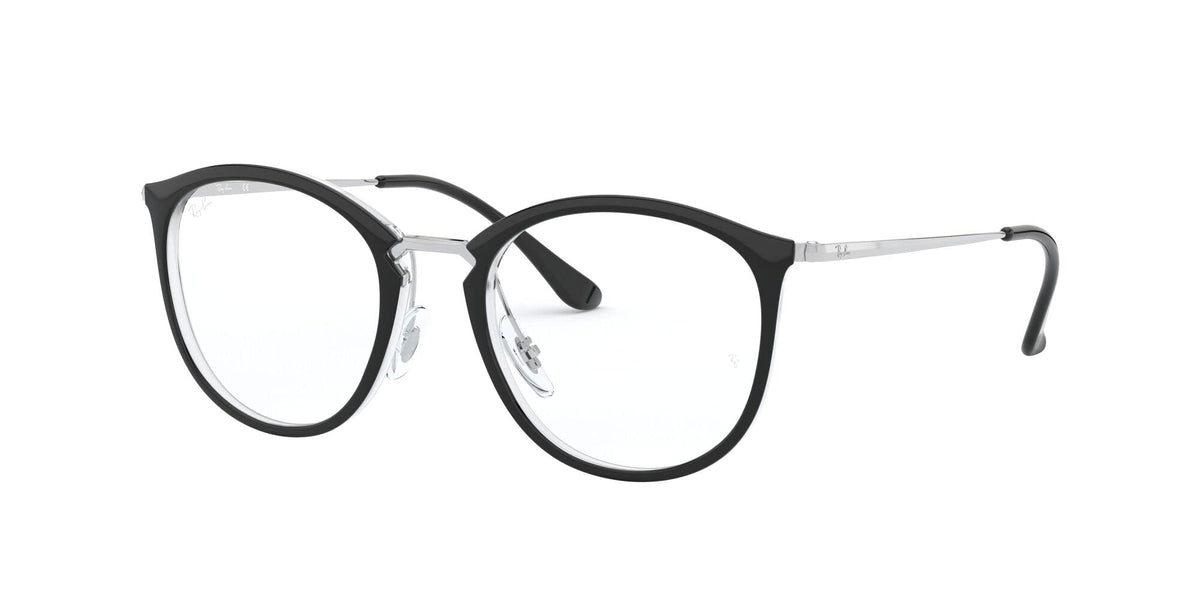 Round black eyeglass frames with metal-look hinge and temple tips