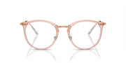 Round full-rim eyeglass frames in rose pink with metal hinges and demo lenses