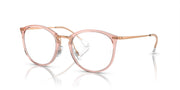 Rose pink round eyeglass frames with metal temples and demo lenses, front 3/4 view