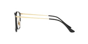 Black round prescription eyeglass frames with gold-tone arms and clear demo lens