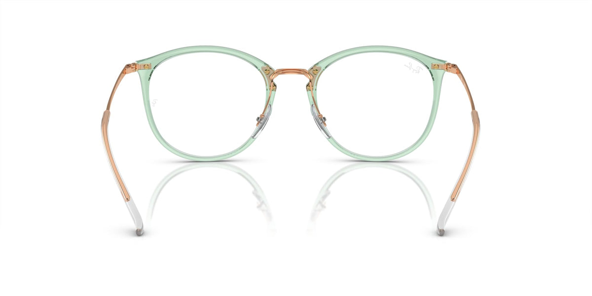 Ray-Ban prescription eyewear frames, mint-green front with amber temple details