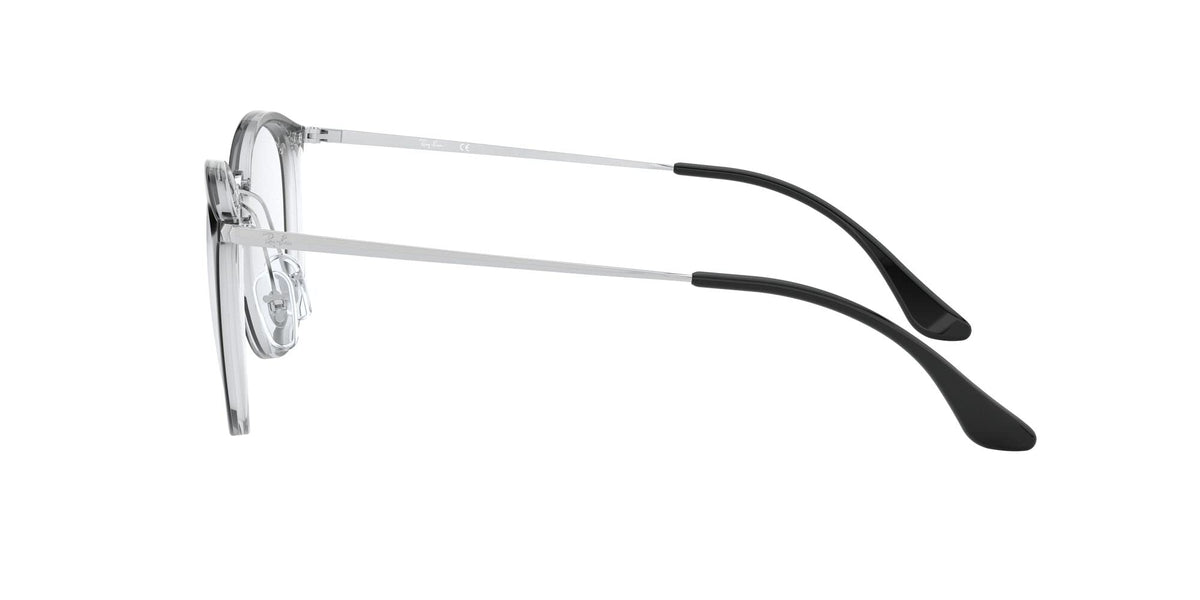 Transparent eyeglass frames with black temple tips and slim metal arms