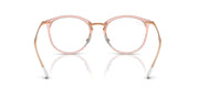Rose pink round eyeglass frames with metal detailing and demo lenses, front view