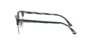Blue-gray striped prescription eyewear frames from the side with clear lenses
