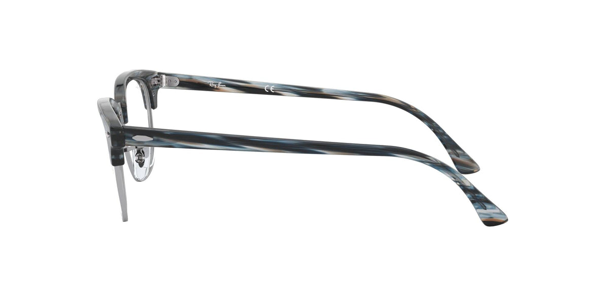 Blue-gray striped prescription eyewear frames from the side with clear lenses