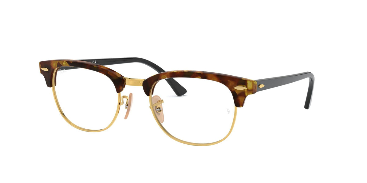 Tortoise prescription eyewear frames angled view with clear lenses and gold-tone hardware