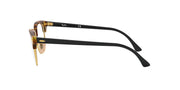 Black prescription eyewear frames with tortoise arms and clear lenses, side view