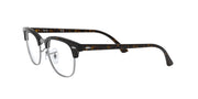 Prescription eyewear frame with dark face and patterned temple arms