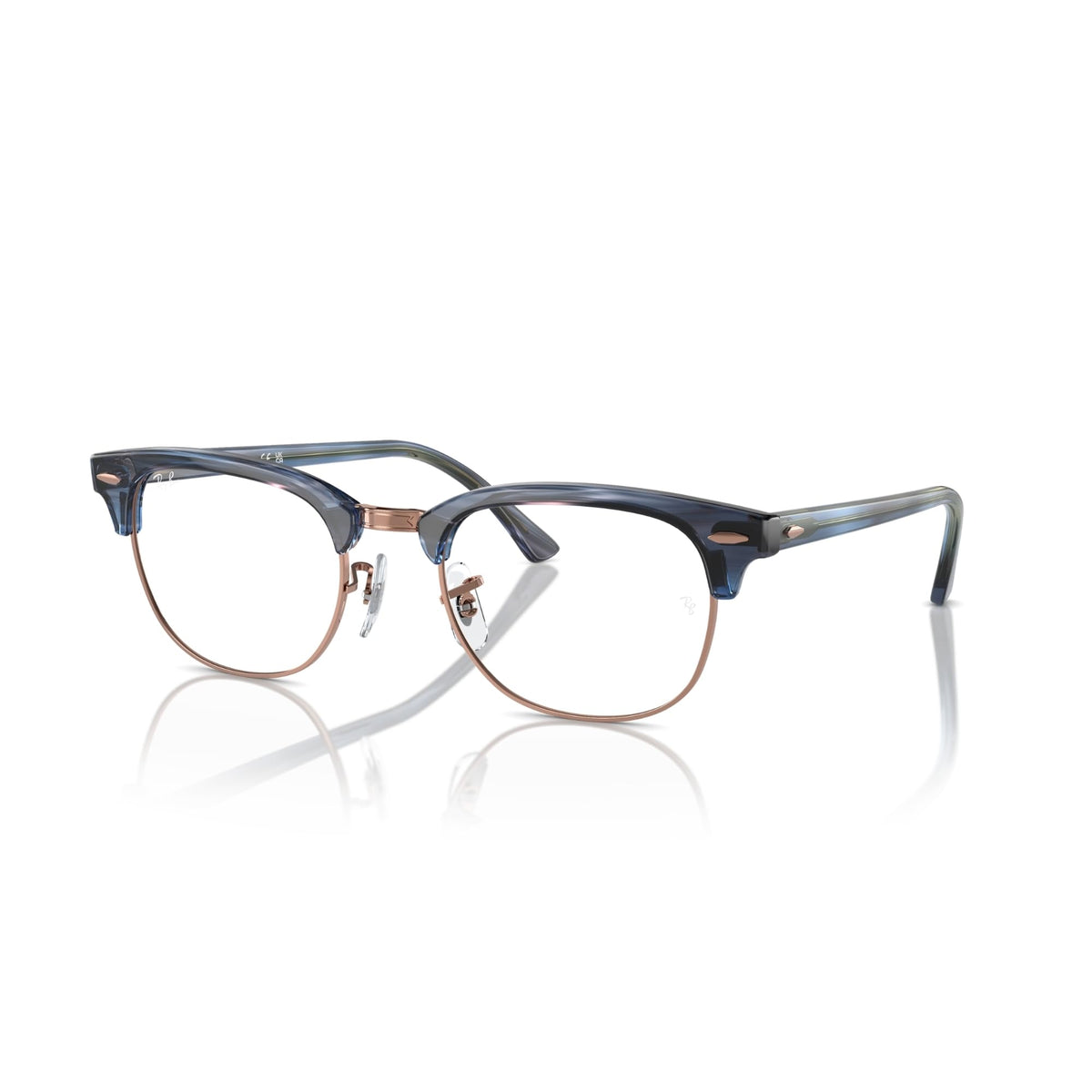 Blue-gray prescription eyewear frame with translucent temples and clear lenses