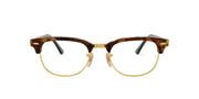 Tortoise prescription eyewear frames with clear lenses and gold-tone metal accents