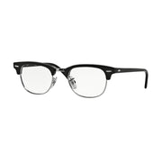 Matte black prescription eyewear frame with clear lenses and angular temples