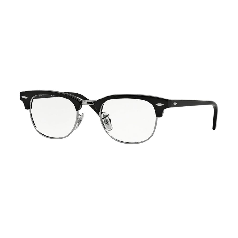 Matte black prescription eyewear frame with clear lenses and angular temples