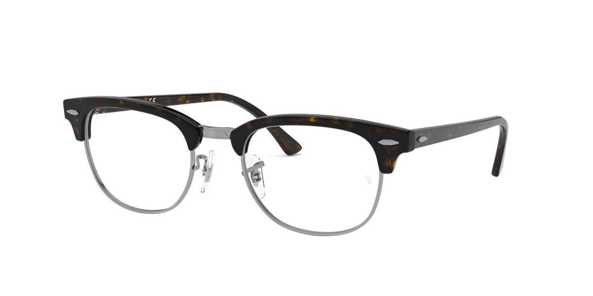 Ray-Ban prescription eyewear frames in black tone, angled view, full-rim round lenses