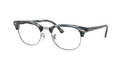 Blue-gray striped prescription eyewear frames angled with clear lenses and metal hinges