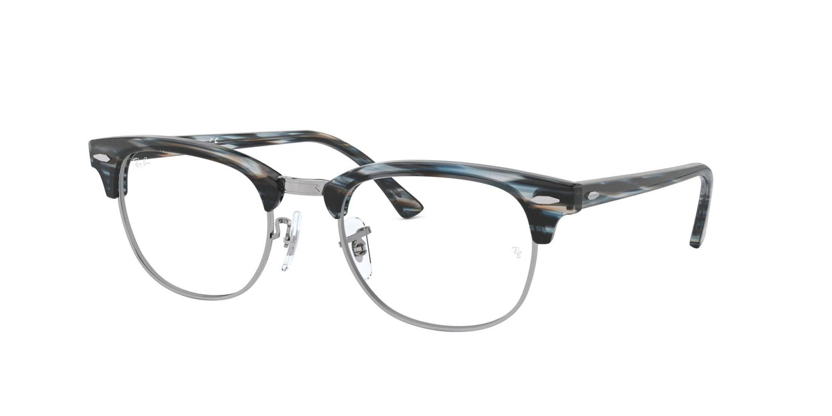 Blue-gray striped prescription eyewear frames angled with clear lenses and metal hinges