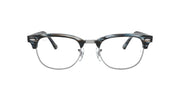 Blue-gray striped prescription eyewear frames with clear lenses and dark metal accents