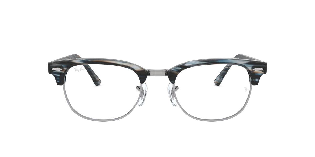 Blue-gray striped prescription eyewear frames with clear lenses and dark metal accents