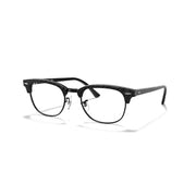 Black prescription eyewear frames with clear lenses and dark metal hinges