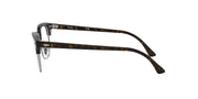 Prescription eyewear frame in dark with patterned temple arms and clear lenses