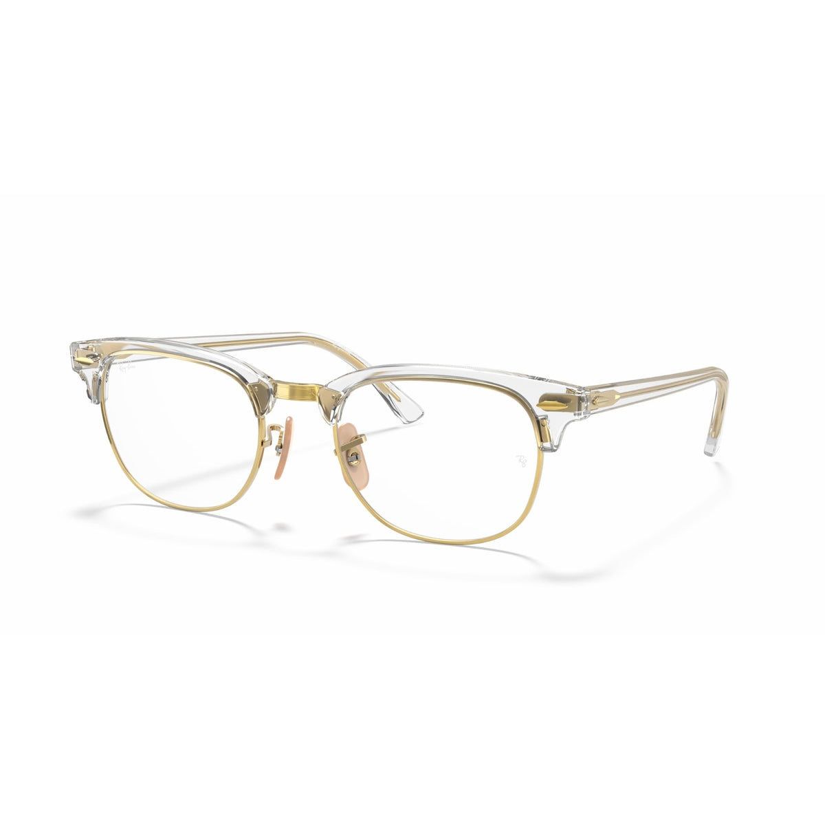 Ray-Ban prescription eyewear frames in clear-gold tone, full-rim round lenses, front view