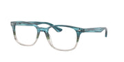 Turquoise gradient full-rim prescription frames with clear lenses, angled view