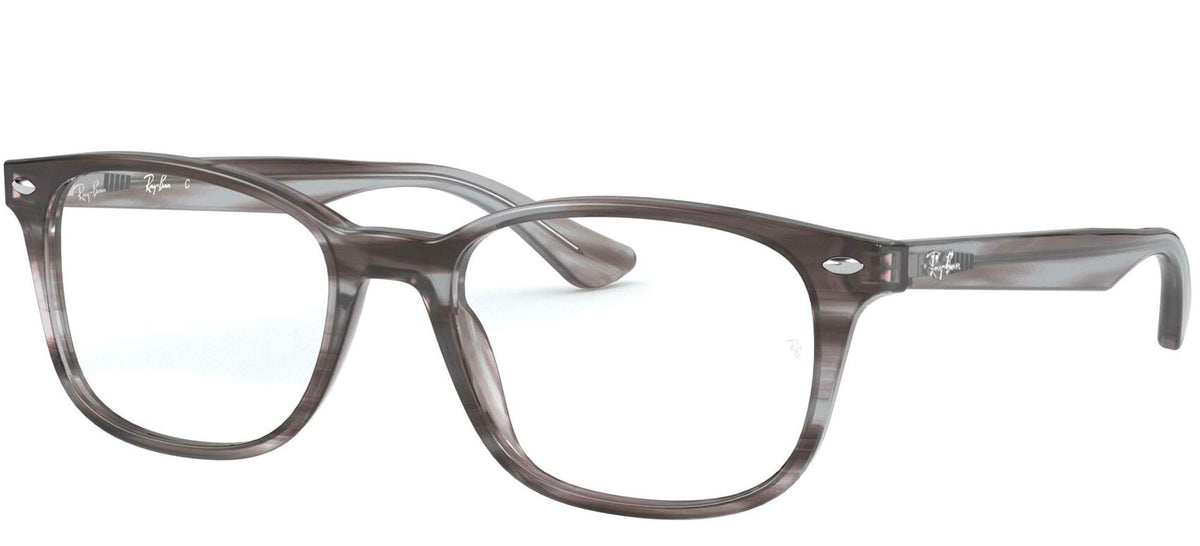 Smoke gray full-rim prescription frames with clear lenses, side profile view