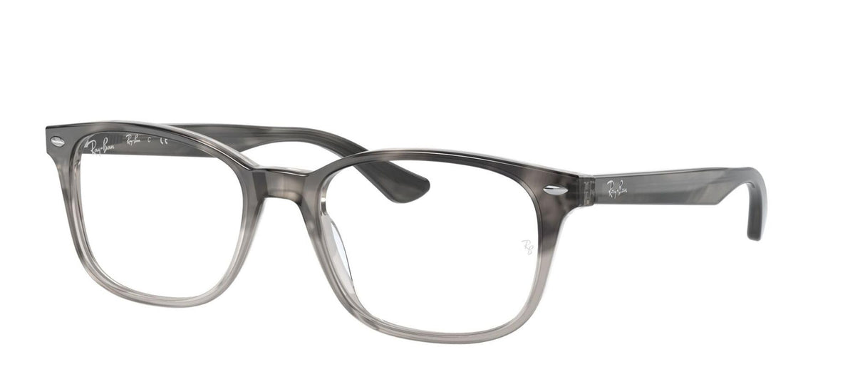 Gray translucent full-rim prescription frames with clear lenses, side profile view
