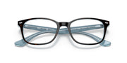 Black full-rim prescription eyewear frames with blue-tinted demo lenses