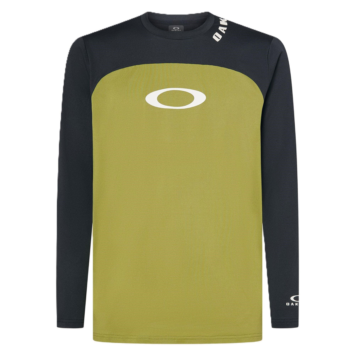 Oakley long sleeve jersey with black sleeves and lime-green front panel, logo on chest