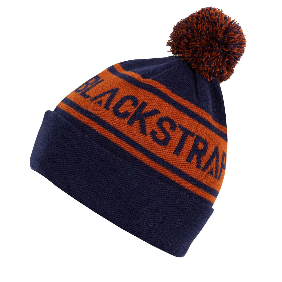 Cold-weather beanie with pom, navy knit with orange BLACKSTRAP stripe
