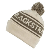 Oatmeal pom beanie with dark gray logo stripe and textured knit