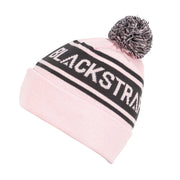 Light pink pom beanie with wide black logo stripe and knit cuff