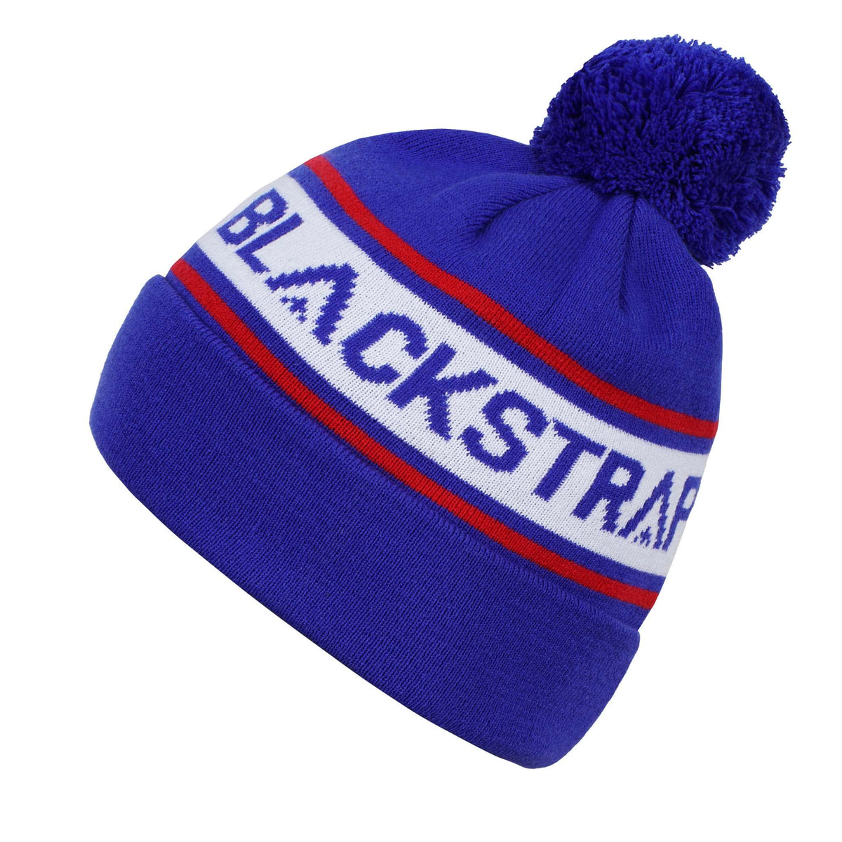 Cold-weather beanie with pom, royal blue knit and red/white BLACKSTRAP stripe