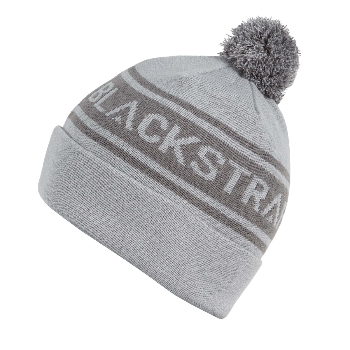 Light gray pom beanie with white logo stripe and ribbed knit