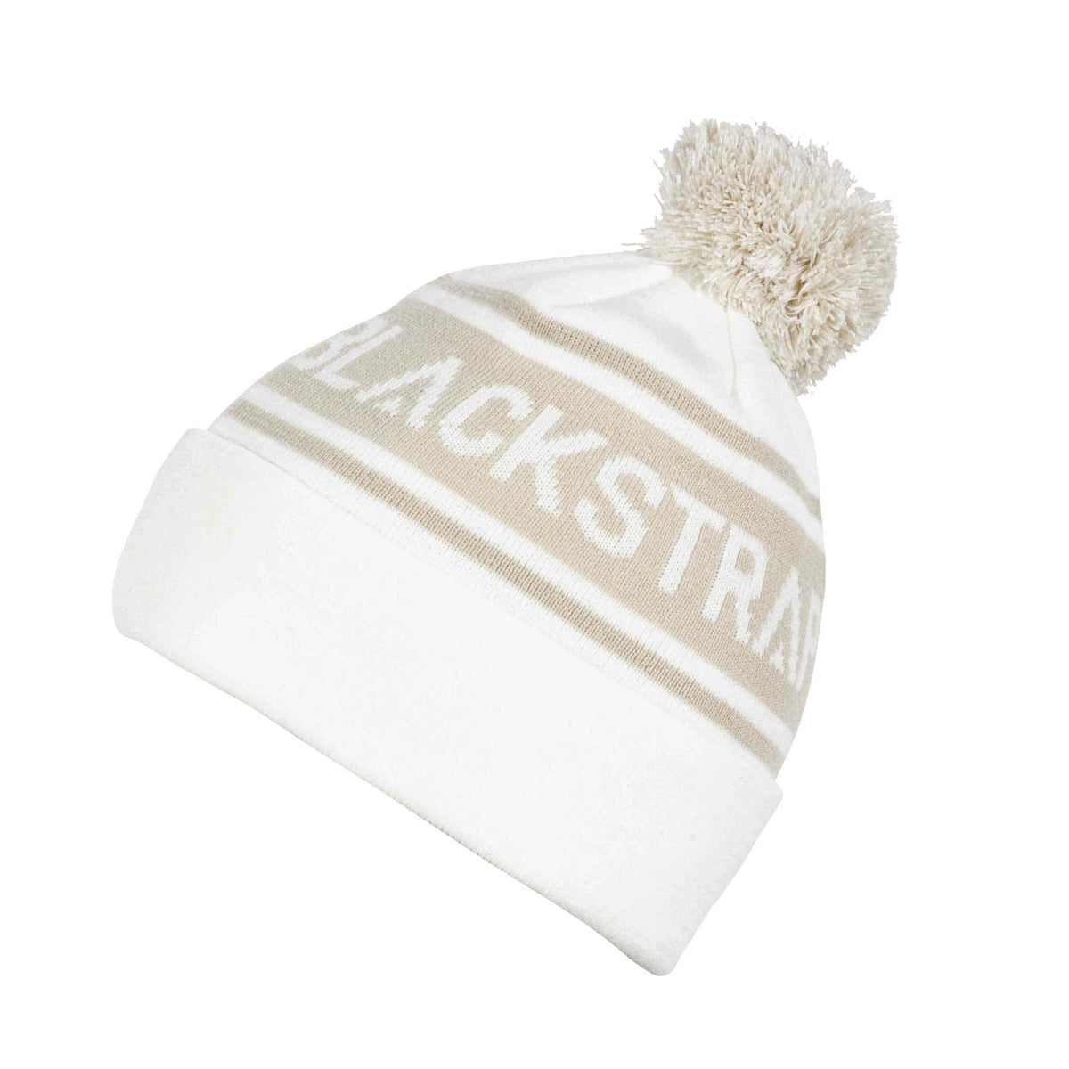 Cold-weather beanie with pom, white knit and tan BLACKSTRAP stripe