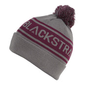 Gray pom beanie with maroon logo stripe and fluffy pom