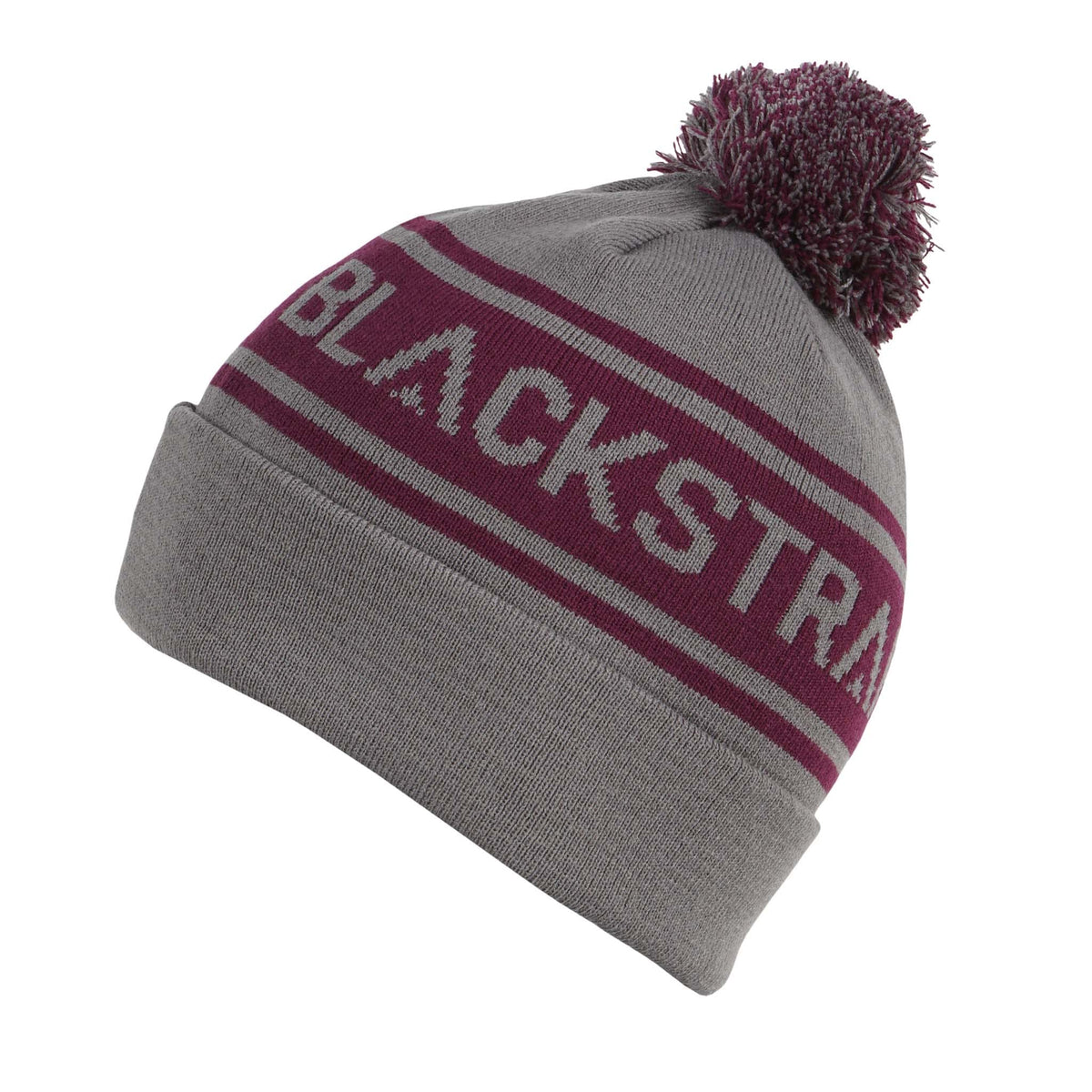 Gray pom beanie with maroon logo stripe and fluffy pom
