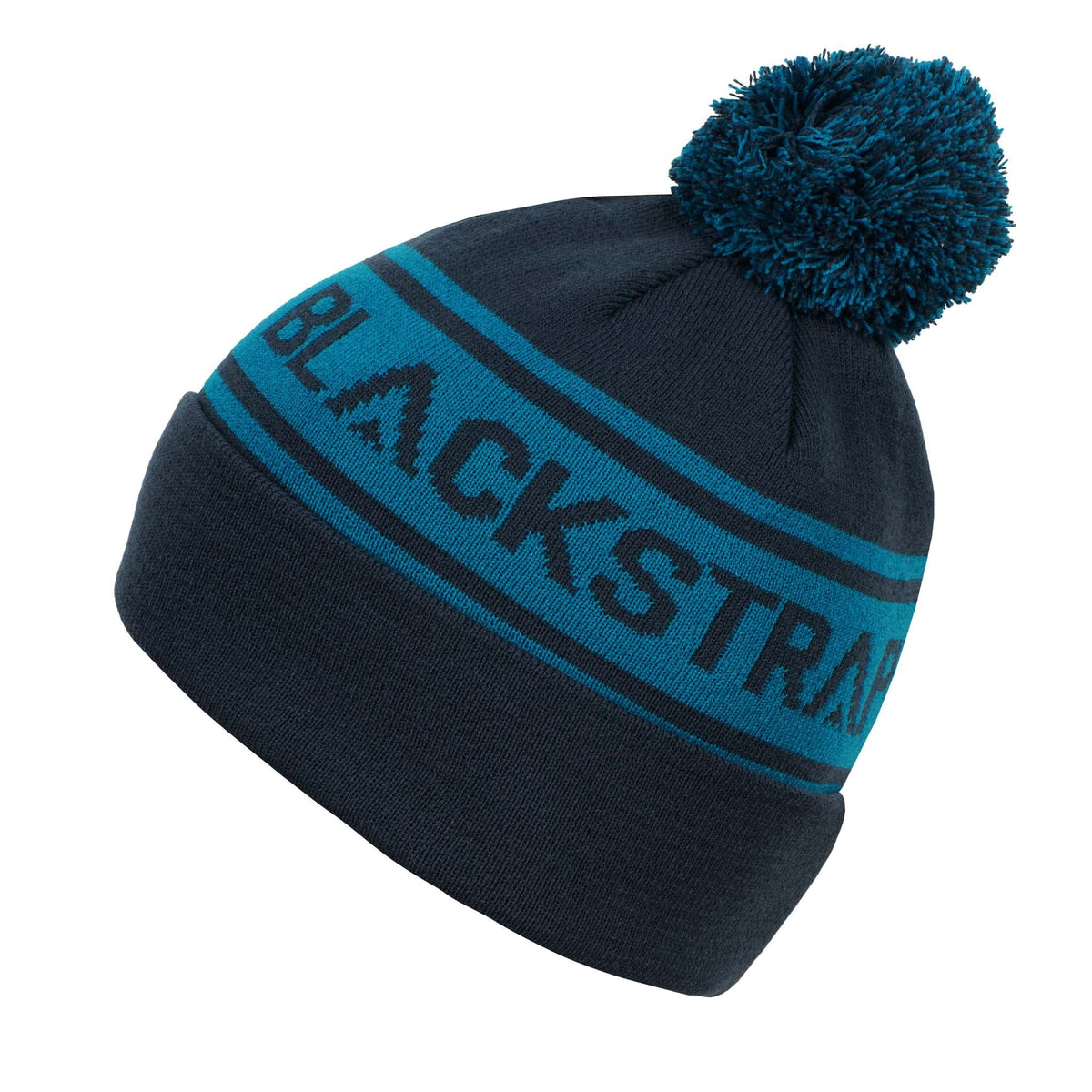 Dark navy pom beanie with bright blue logo stripe and round pom