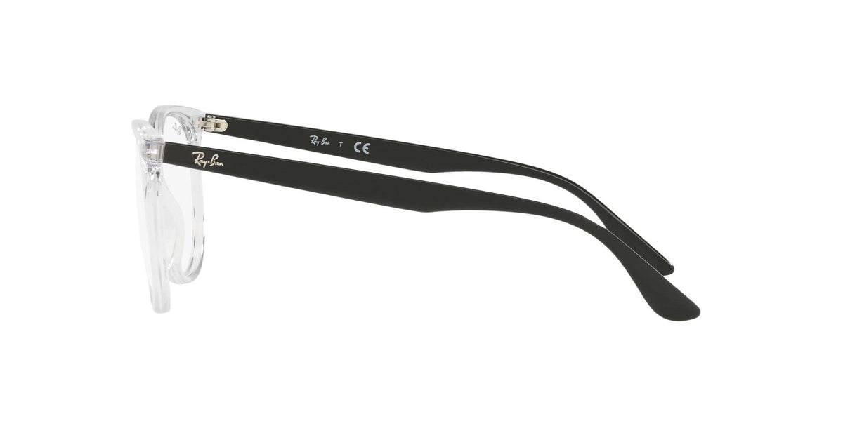 Ray-Ban prescription frames in clear with black temples, side profile with demo lenses