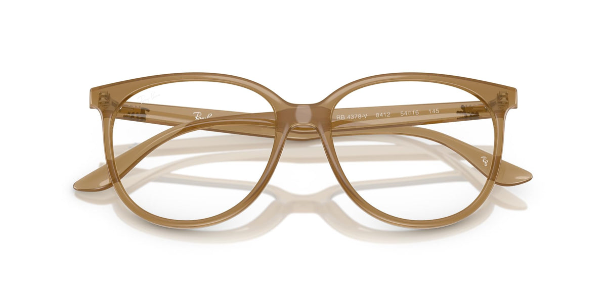Ray-Ban prescription frames in opal light brown, angled view showing transparent sides