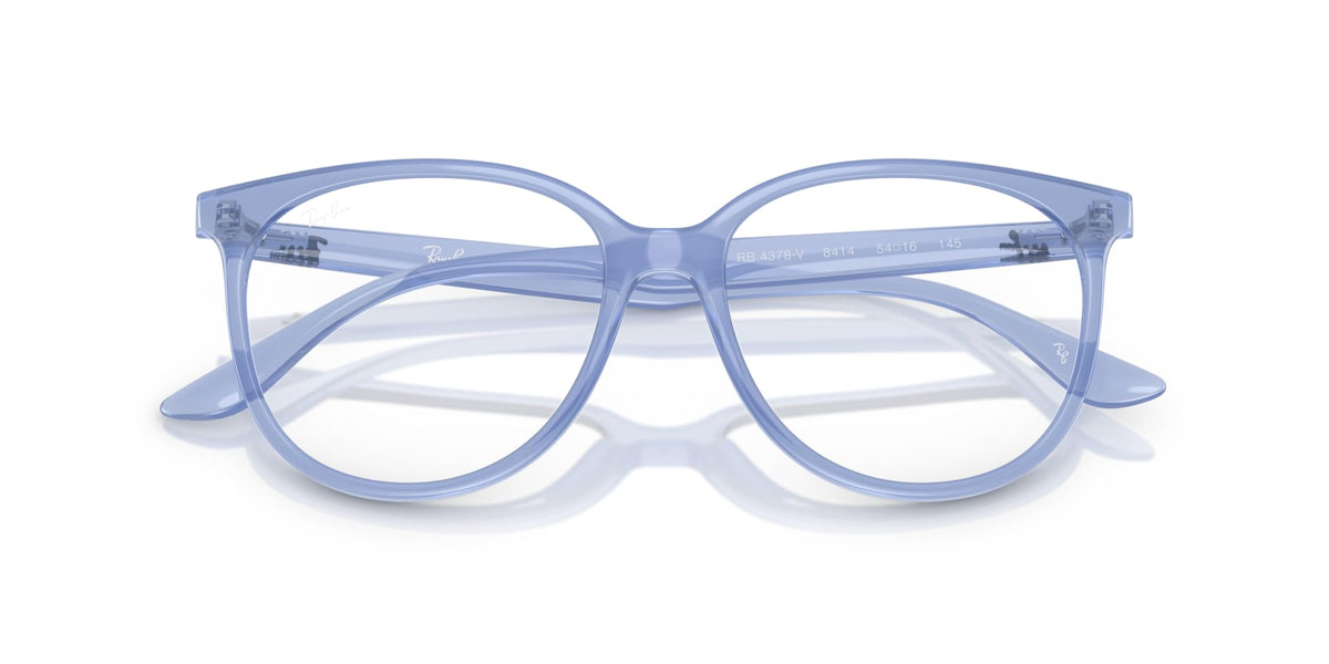 Ray-Ban prescription eyewear frames, light blue translucent full-rim, angled front view
